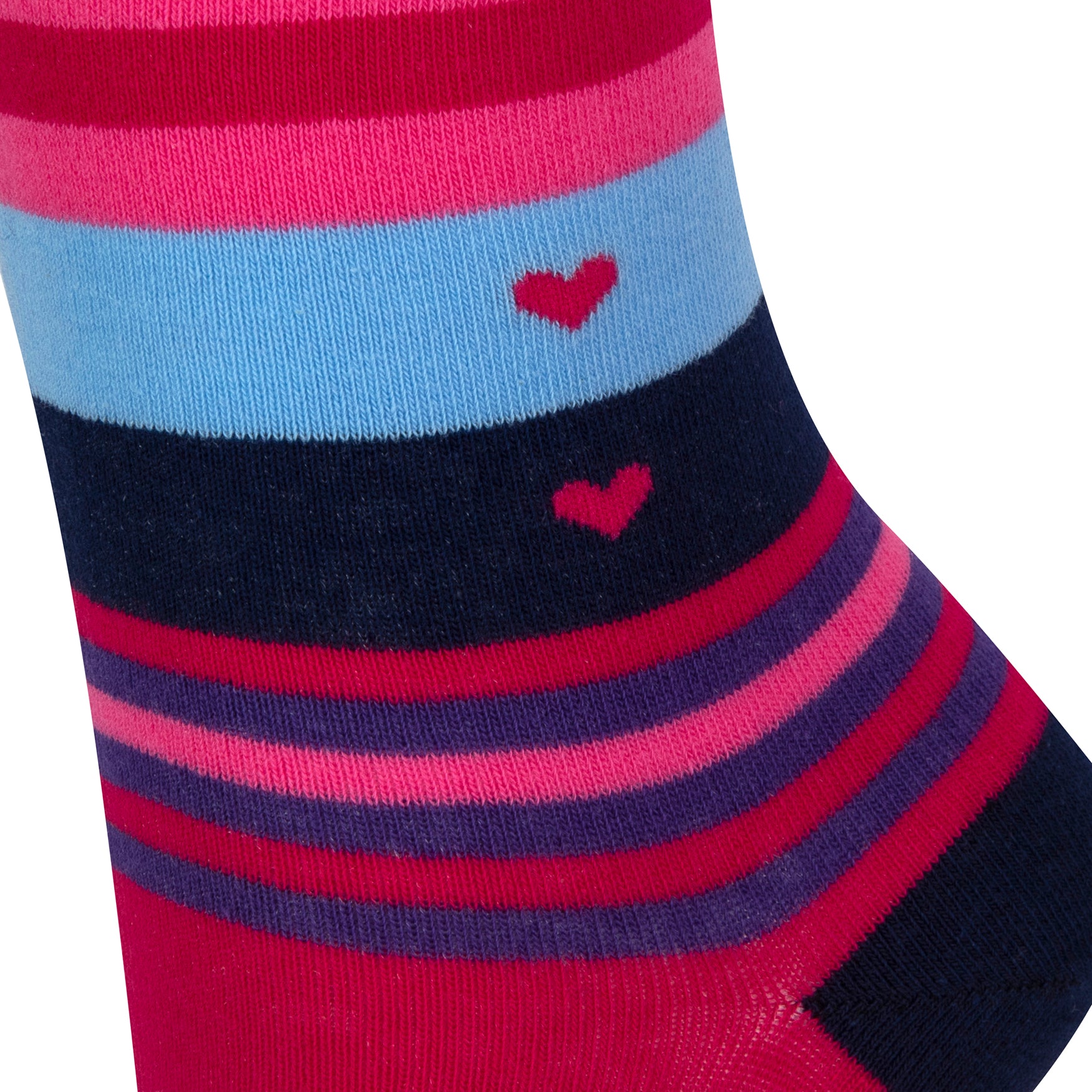 Textured view of a combed cotton cerise pink seamless toe anklet with pink, navy, baby blue, purple and pink stripes and heart shapes.