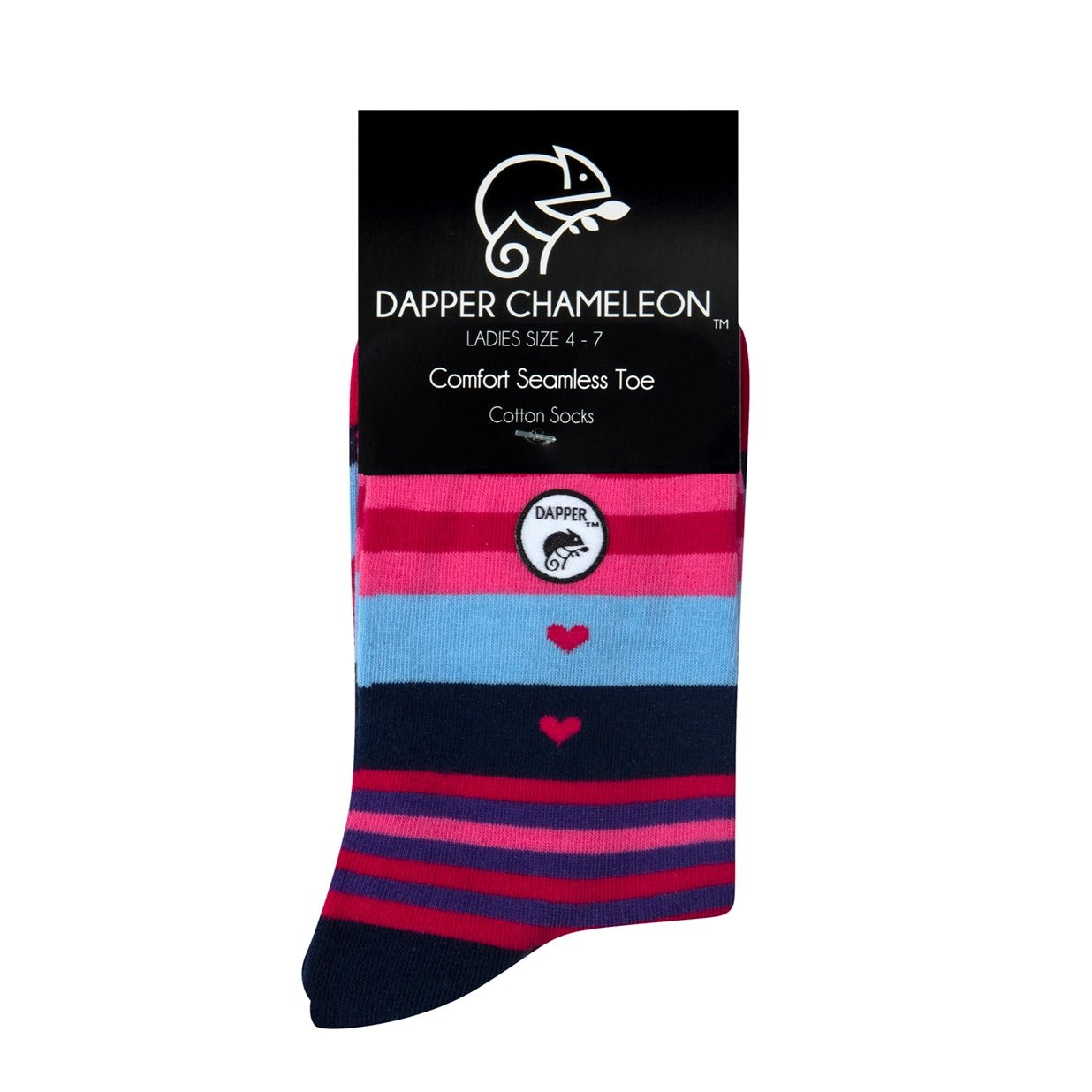 Header card packaging of a combed cotton cerise pink seamless toe anklet with pink, navy, baby blue, purple and pink stripes and heart shapes with a navy blue heel and toe.