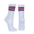 Long length ribbed white combed cotton seamless toe anklet with neon pink and white stripes with a white heel and toe, cushioned foot and circular gripper around the arch of the foot.