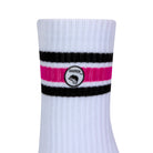 Side view of a long length ribbed white combed cotton seamless toe anklet with black and neon pink and stripes with Dapper Chameleon logo.