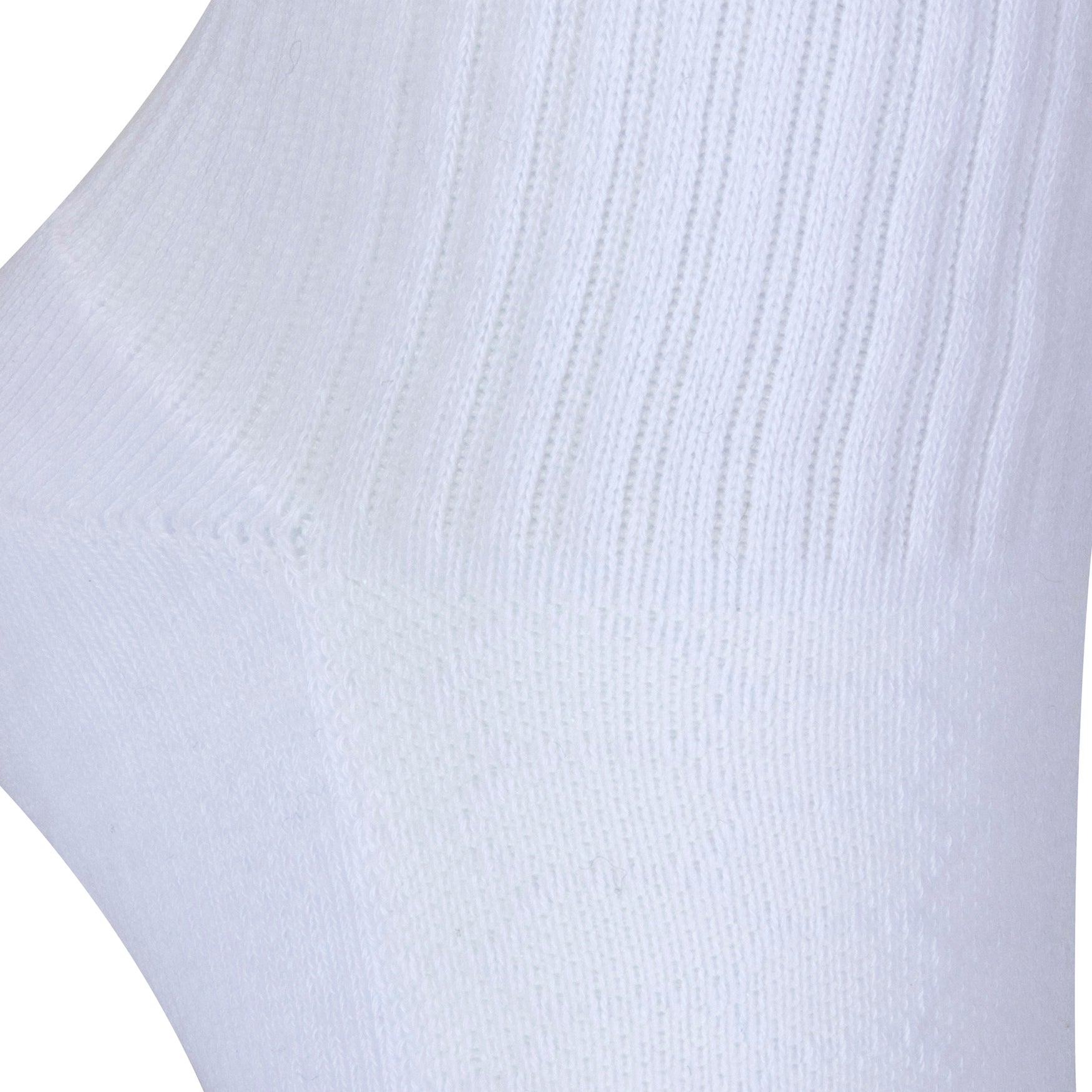 Textured heel view of a long length ribbed white combed cotton seamless toe anklet with white heel, toe and cushioned foot.