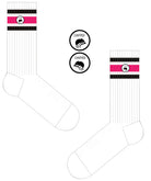 A Computer-Aided Design of a long length ribbed white combed cotton seamless toe anklet with neon pink and white stripes with a white heel and toe, cushioned foot and circular gripper around the arch of the foot.