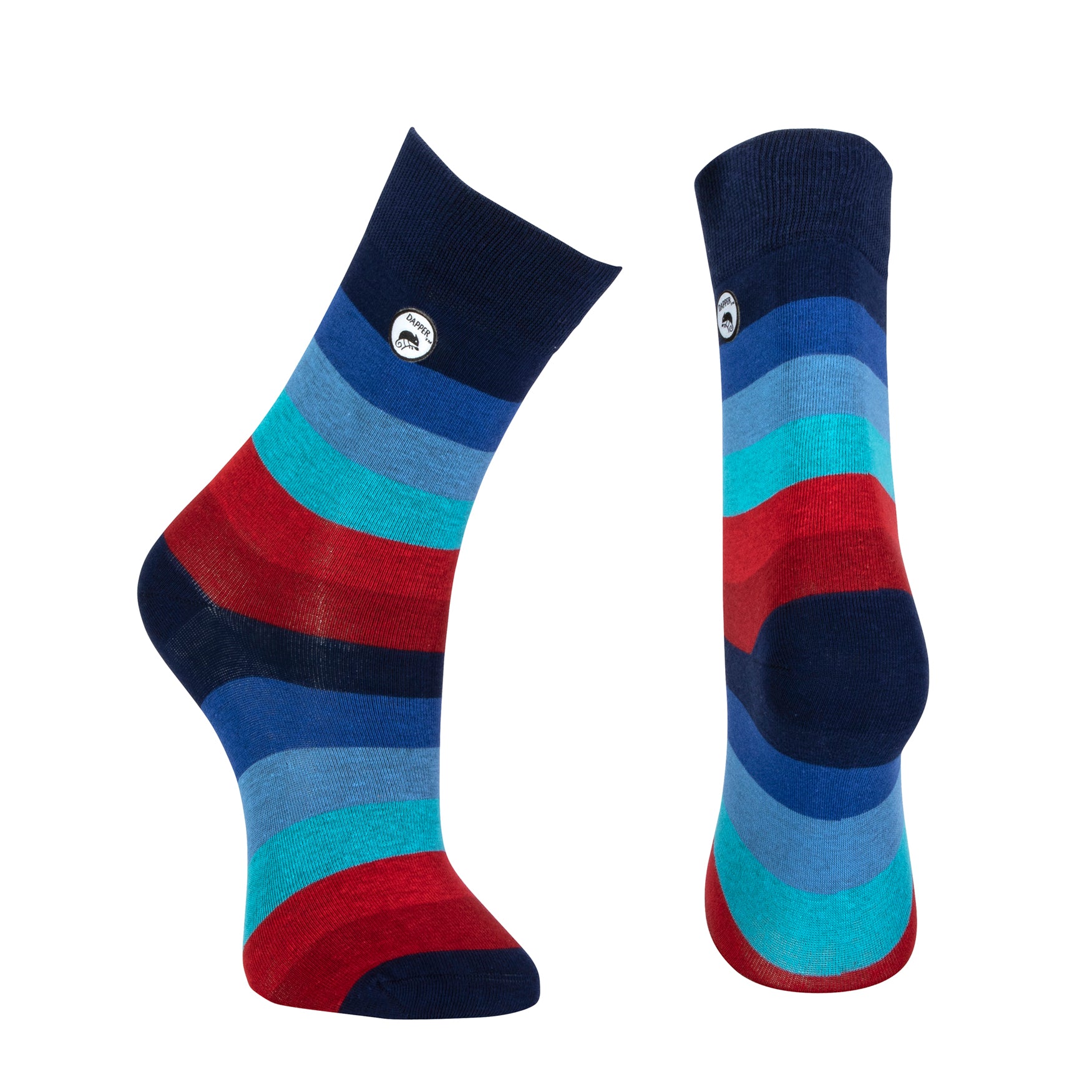 Combed cotton dark blue seamless toe anklet with blue, red and maroon stripes with a dark blue heel and toe.