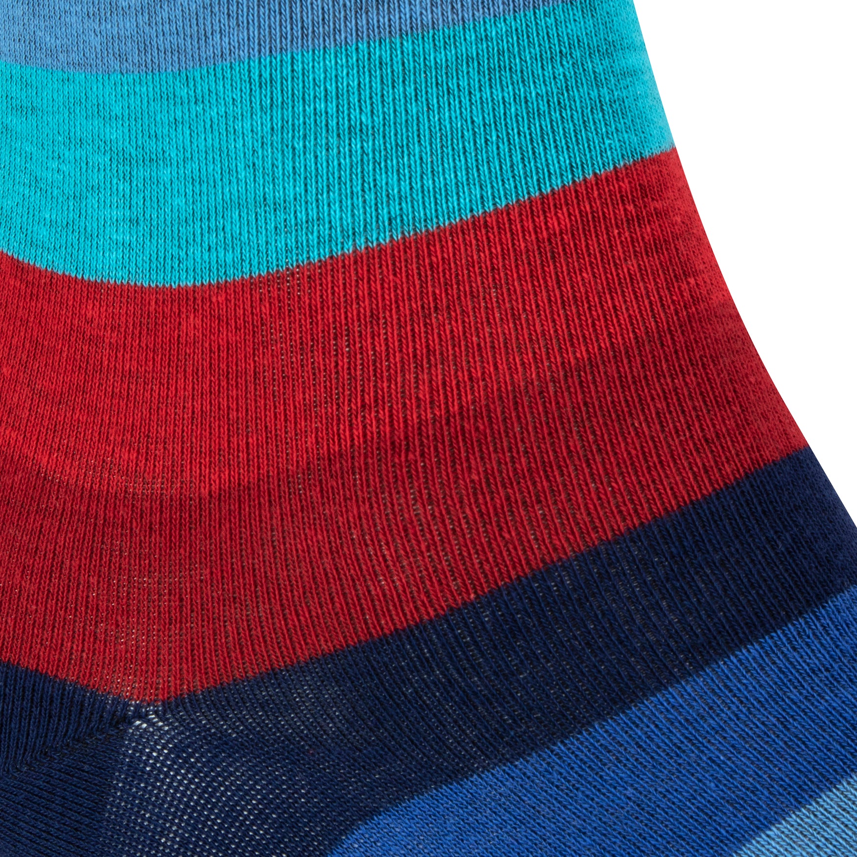 Textured view of a combed cotton dark blue seamless toe anklet with blue, red and maroon stripes.