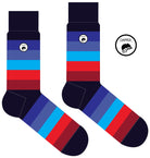 A Computer-Aided Design of a combed cotton dark blue seamless toe anklet with blue, red and maroon stripes with a dark blue heel and toe.