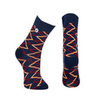 Combed cotton dark navy seamless toe anklet with a red and orange diamond shape design with a dark navy heel and toe.