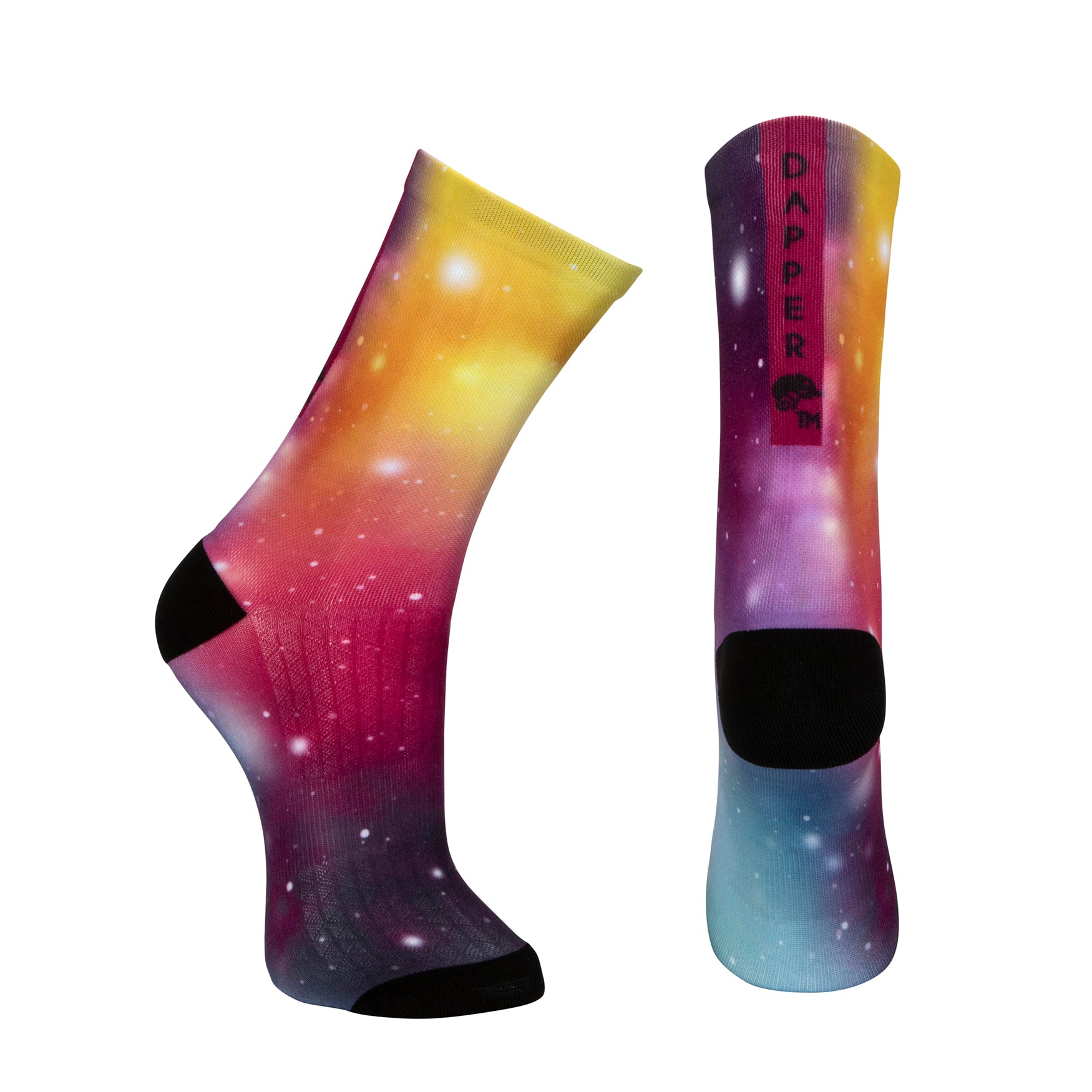 Seamless toe sock with a multi-colour galaxy print and black heel and toe.