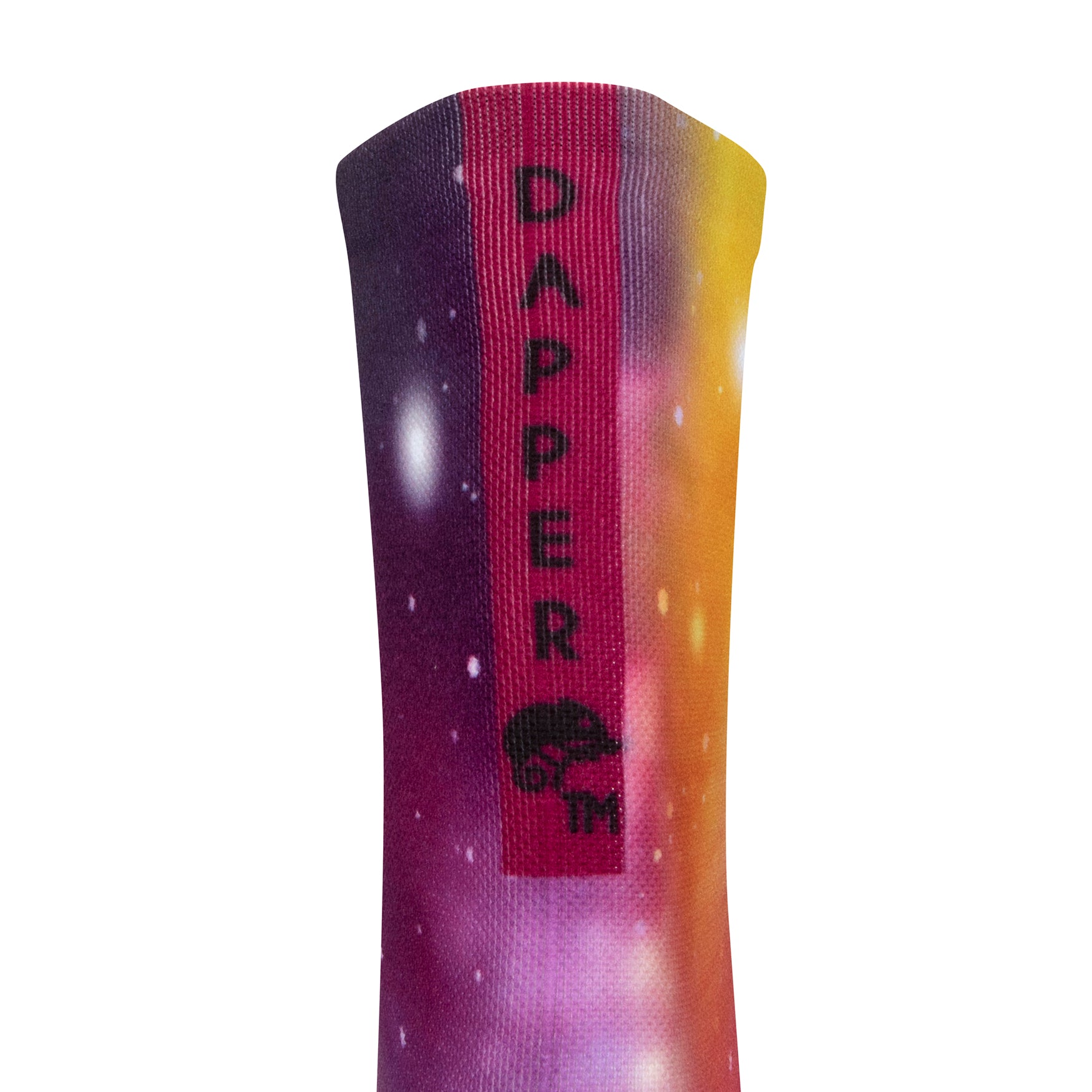 Back view of seamless toe sock with a multi-colour galaxy print design and a maroon purple strip with Dapper Chameleon wording and logo in black.