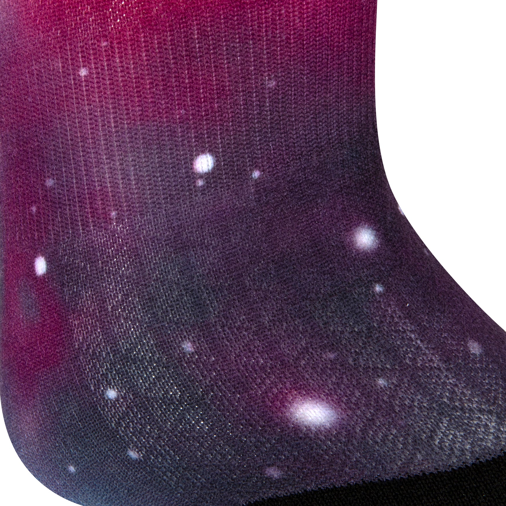 Textured view of seamless toe sock with a multi-colour galaxy print and black toe.