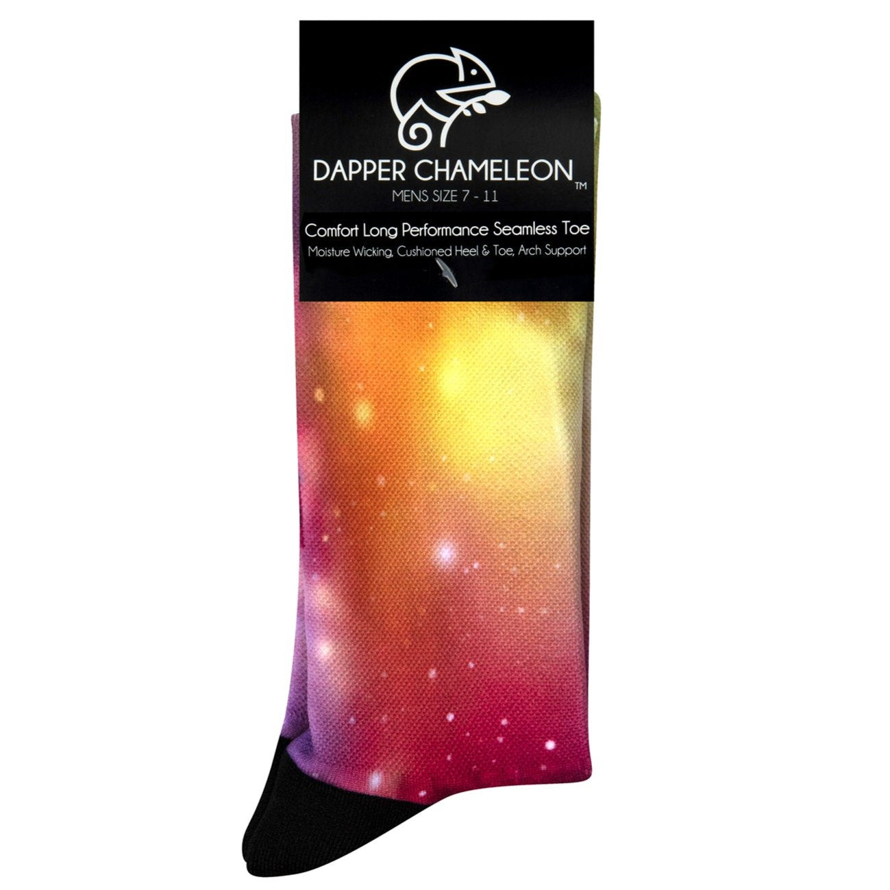 Header card packaging of the Galaxy Bold Active Print seamless toe sock with vibrant galaxy print design with a black heel and toe.