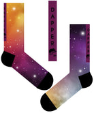 A Computer-Aided Design of the multi-colour seamless toe sock with galaxy print and black heel and toe. 