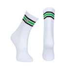 Long length ribbed white combed cotton seamless toe anklet with black and neon green stripes with a white heel and toe, cushioned foot and circular gripper around the arch of the foot.