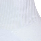 Textured view of a long length ribbed white combed cotton seamless toe anklet with a white heel.