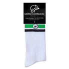 Header card packaging of a long length ribbed white combed cotton seamless toe anklet with black and neon green stripes with a white heel and toe, cushioned foot and circular gripper around the arch of the foot.