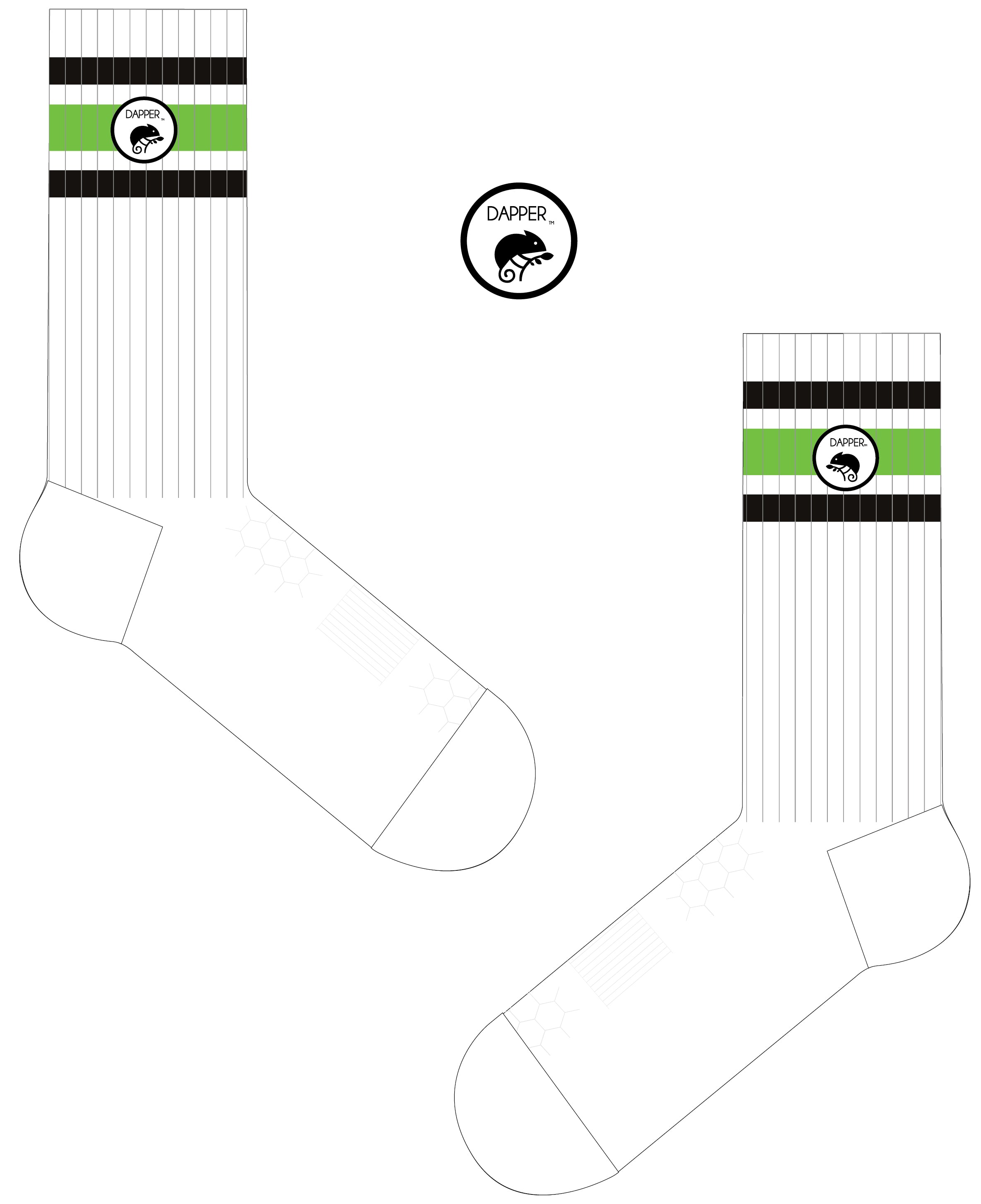 A Computer-Aided Design of a long length ribbed white combed cotton seamless toe anklet with black and neon green stripes with a white heel and toe, cushioned foot and circular gripper around the arch of the foot.