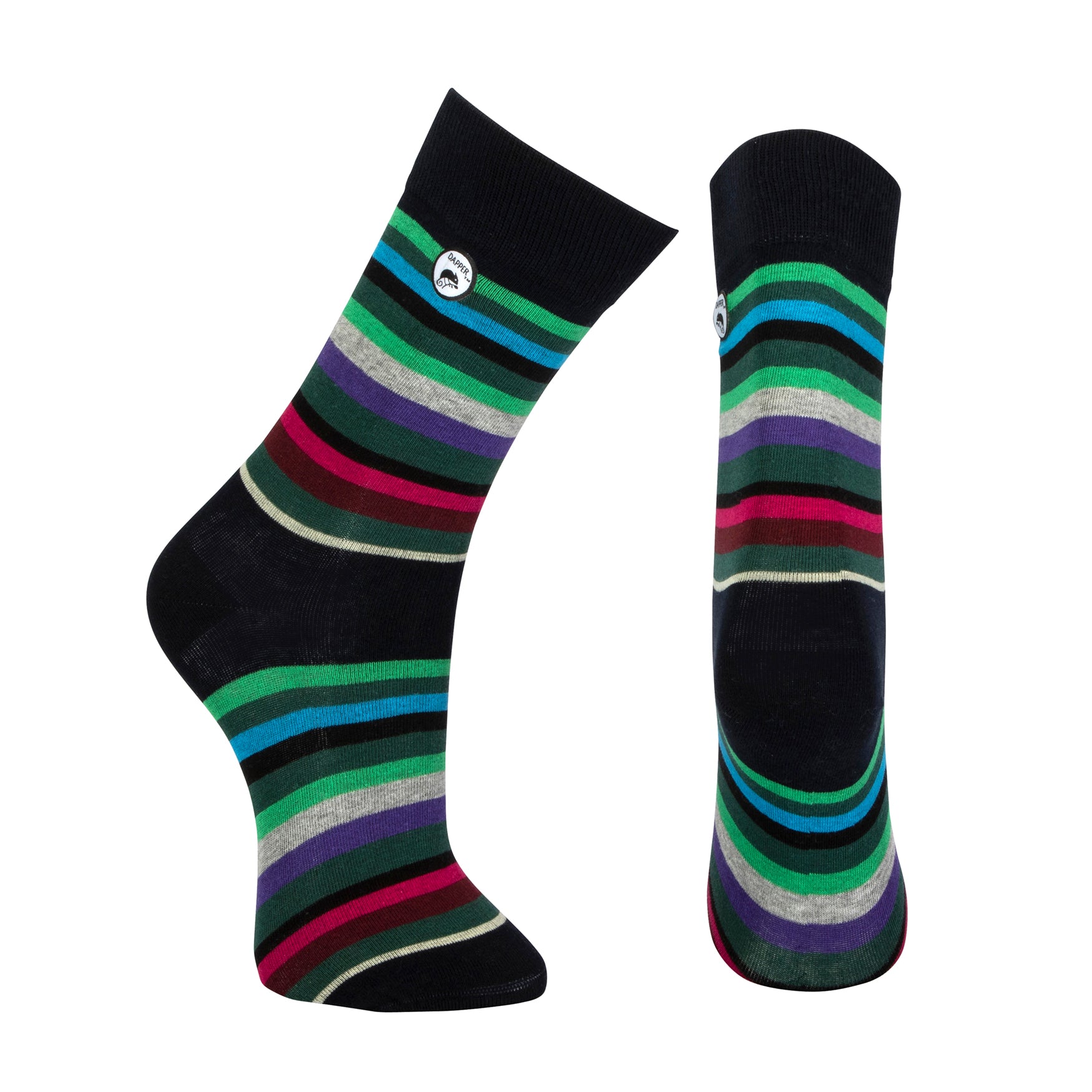 Combed cotton black seamless toe anklet with green, blue, black, grey, purple and pastel yellow stripes with a black heel and toe.