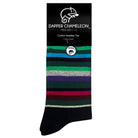 Header card packaging of a combed cotton black seamless toe anklet with green, blue, black, grey, purple and pastel yellow stripes with a black heel and toe.