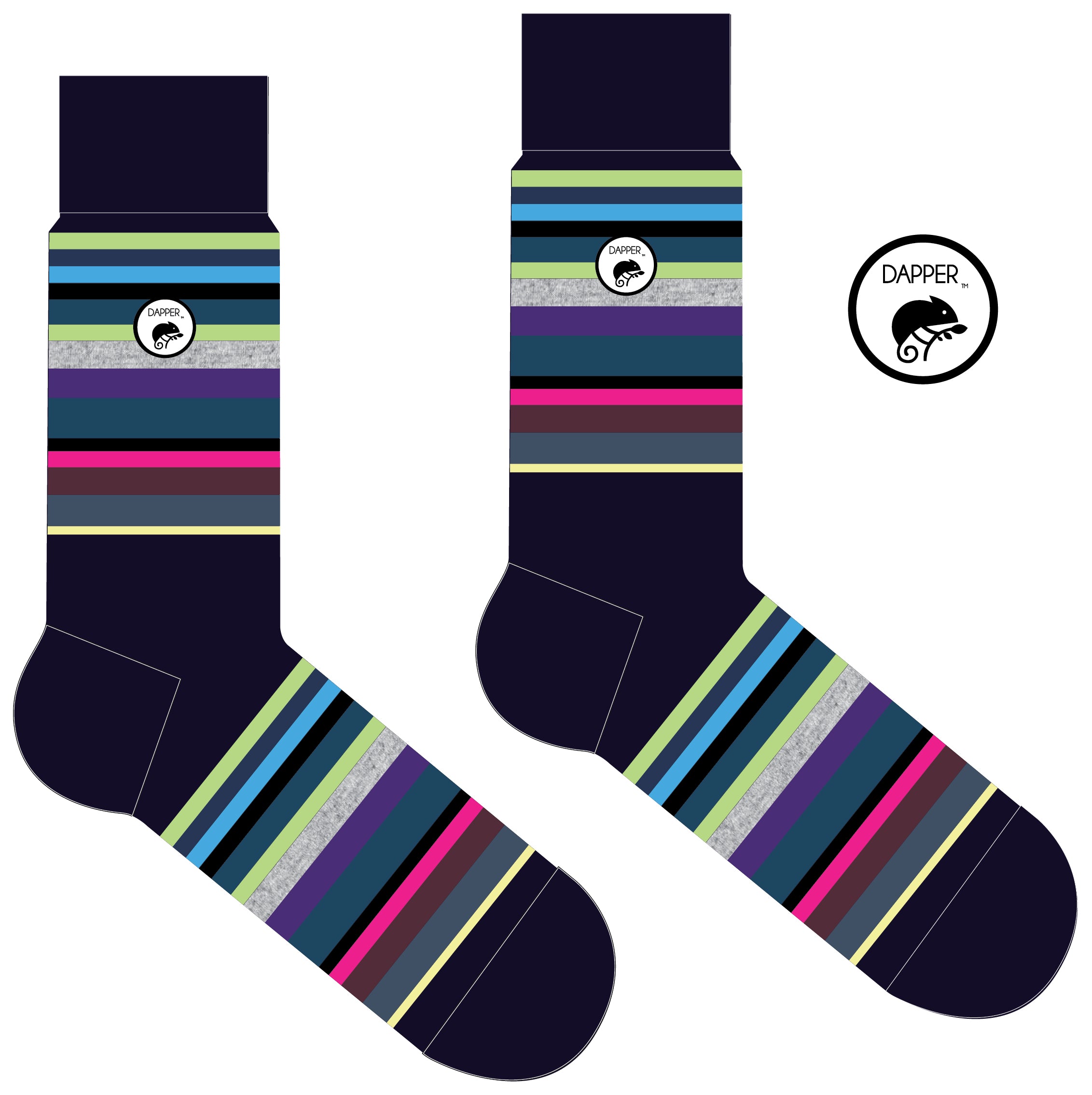 A Computer-Aided Design of a combed cotton black seamless toe anklet with green, blue, black, grey, purple and pastel yellow stripes with a black heel and toe.