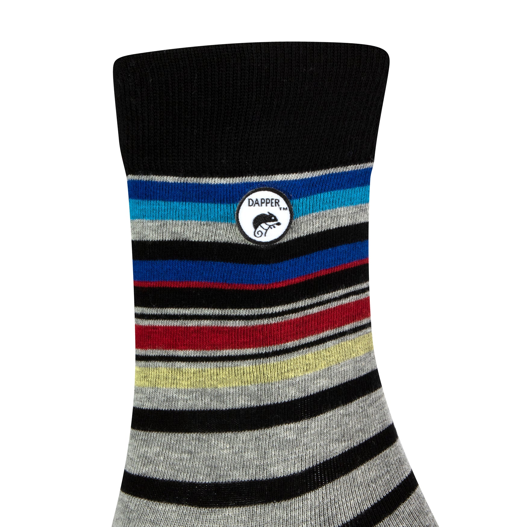 Side view of a combed cotton grey seamless toe anklet with royal blue, sky blue, black, maroon, stripes with a black cuff and Dapper Chameleon logo.