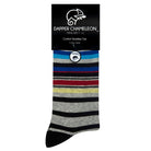 Header card packaging of a combed cotton grey seamless toe anklet with royal blue, sky blue, black, maroon, stripes with a black heel and toe.