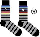 A Computer-Aided Design of a combed cotton grey seamless toe anklet with royal blue, sky blue, black, maroon, stripes with a black heel and toe.