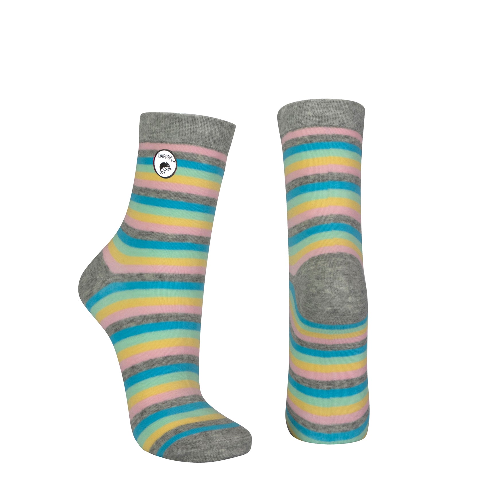 Combed cotton grey seamless toe anklet with pastel pink, teal green, mint, pink and grey stripes with a grey heel and toe.