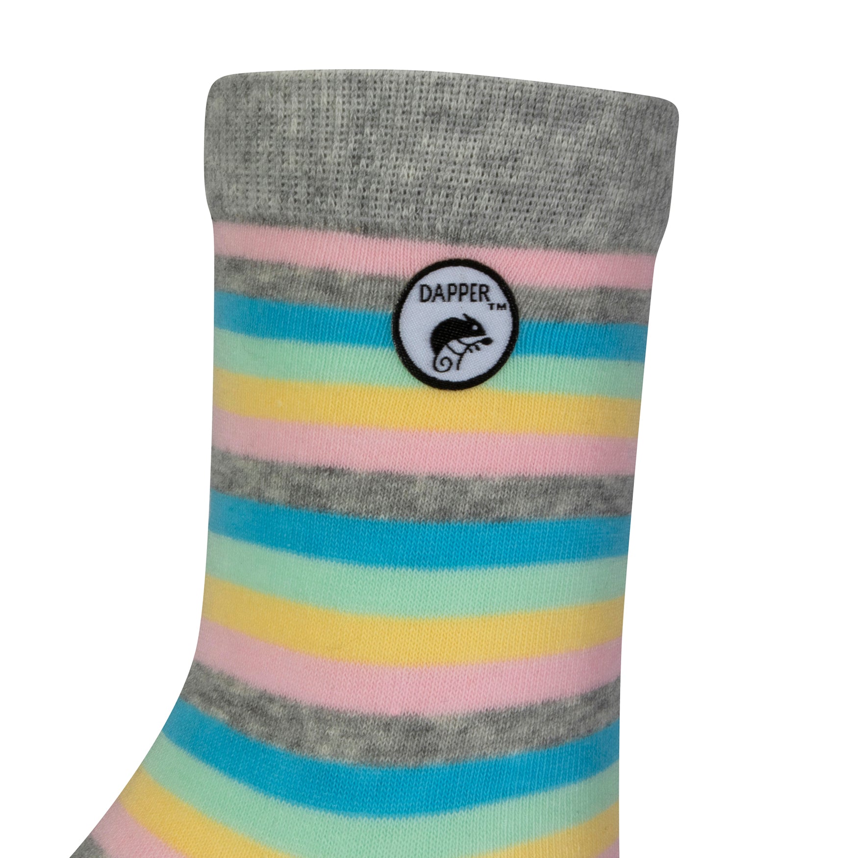 Side view of a combed cotton grey seamless toe anklet with pastel pink, teal green, mint, pink and grey stripes with Dapper Chameleon logo.