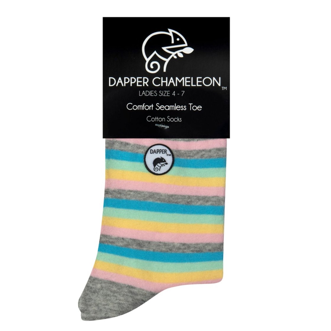 Header card packaging of a combed cotton grey seamless toe anklet with pastel pink, teal green, mint, pink and grey stripes with a grey heel and toe.