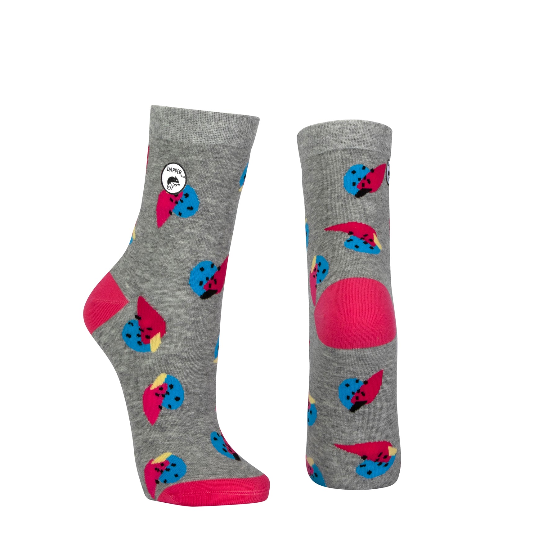 Combed cotton grey seamless toe anklet with cerise pink and blue fruit with a cerise heel and toe.