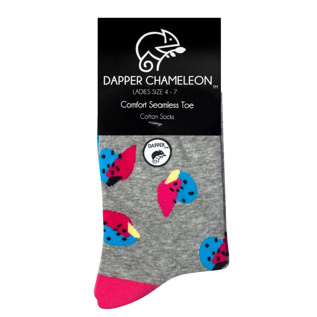 Header card packaging of a combed cotton grey seamless toe anklet with cerise pink and blue fruit with a cerise heel and toe.