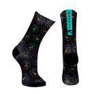 Black seamless toe sock with hibiscus floral print design and black heel and toe.