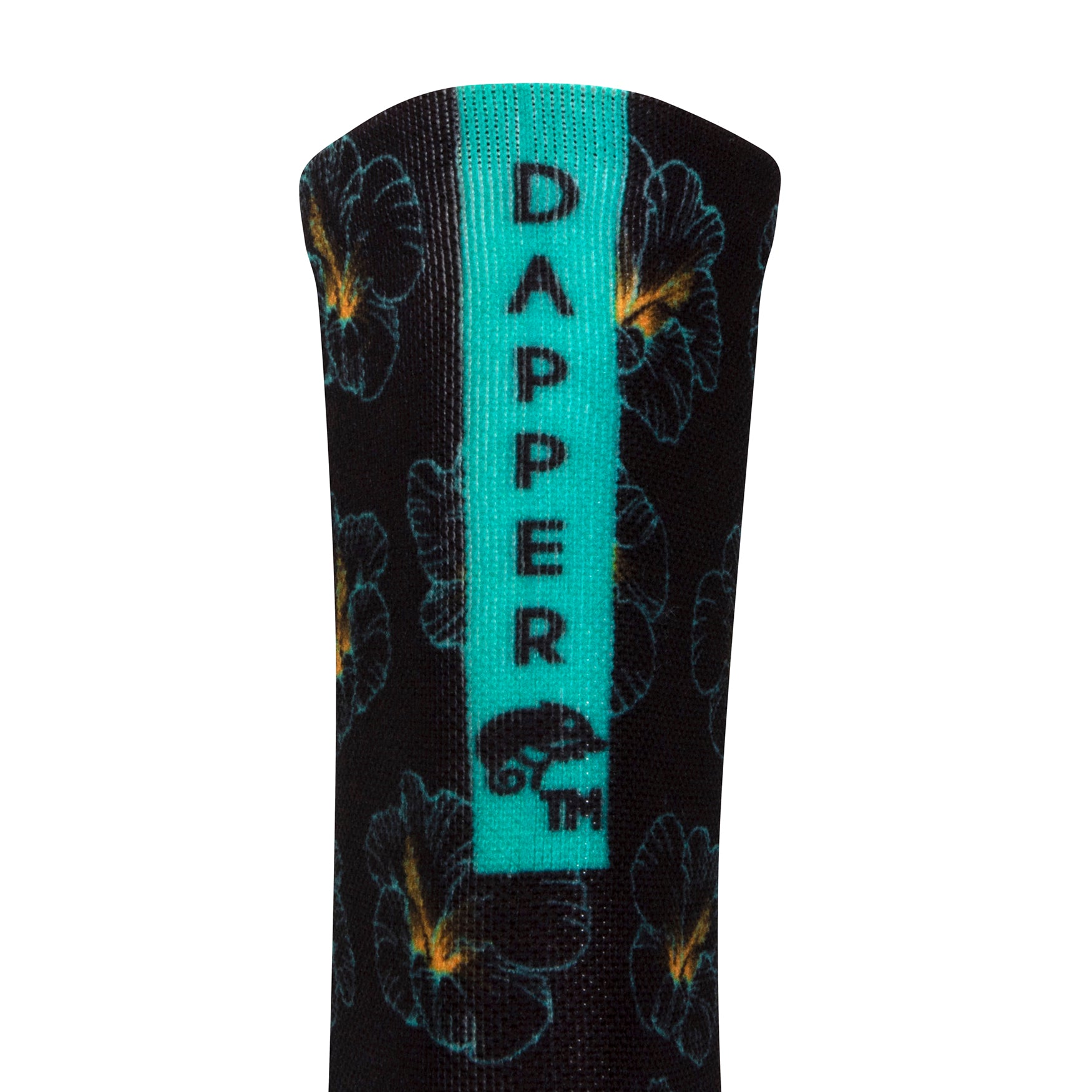 Back view of black seamless toe sock with a hibiscus floral print design and a teal strip with Dapper Chameleon wording and logo in black.