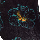 Textured view of black seamless toe sock with a hibiscus floral print design.