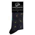 Header card packaging of the black seamless toe sock with hibiscus floral print design with a black heel and toe.