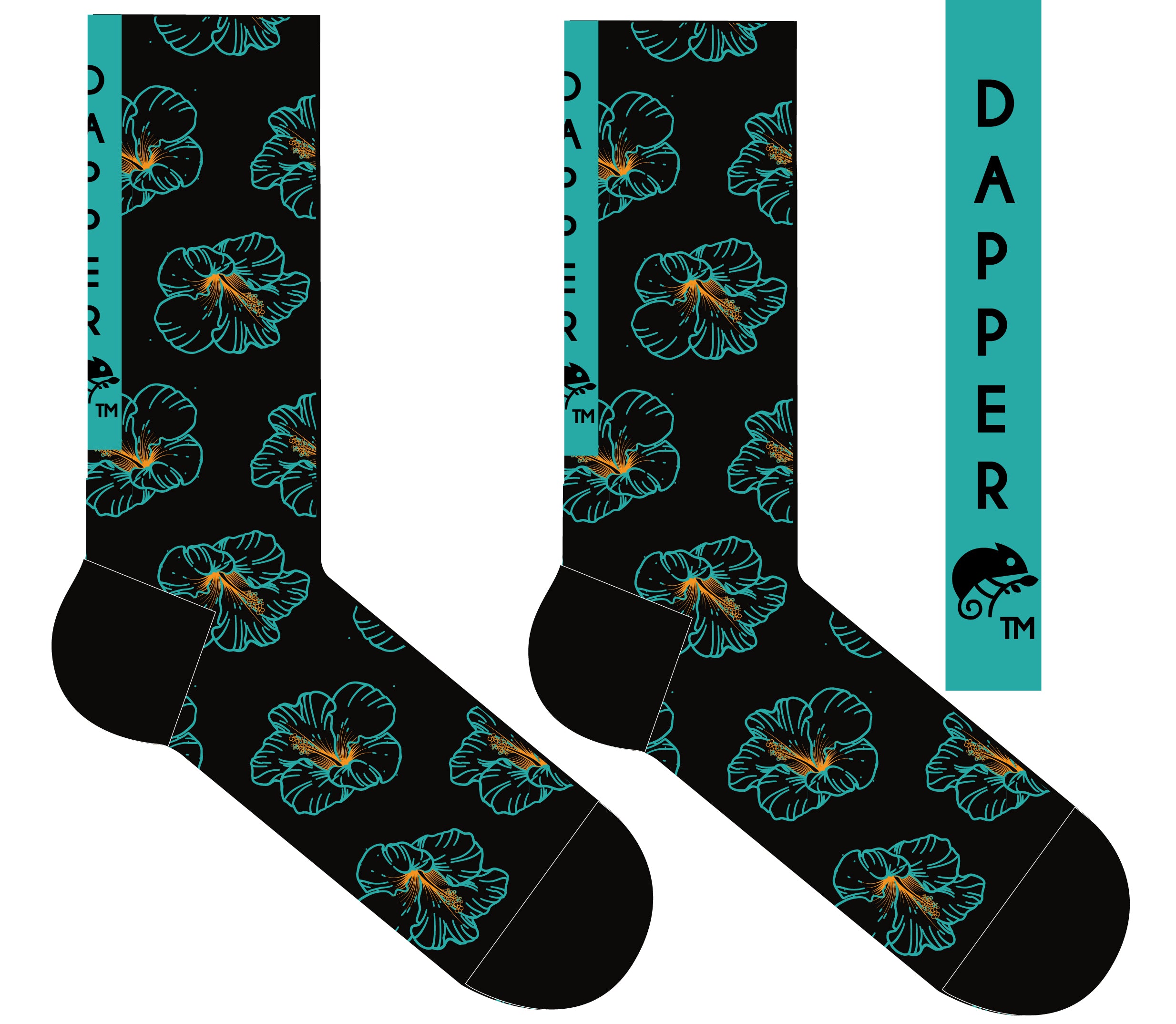 A Computer-Aided Design of the black seamless toe sock with hibiscus floral print design and black heel and toe.