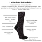Black sock with a white dot floral pattern on a white background with text about sock technical features.