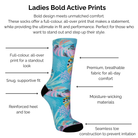 Pastel Tropic Print sock with text describing technical features on a white background.