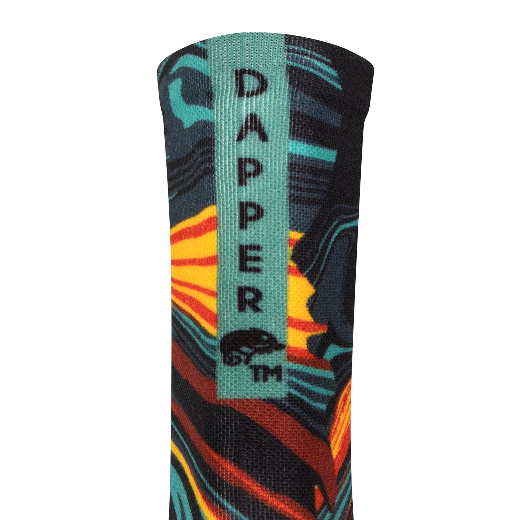 Back view of a black Seamless toe sock with orange, green and red lava abstract print design and with a green strip with Dapper Chameleon wording and logo in black.