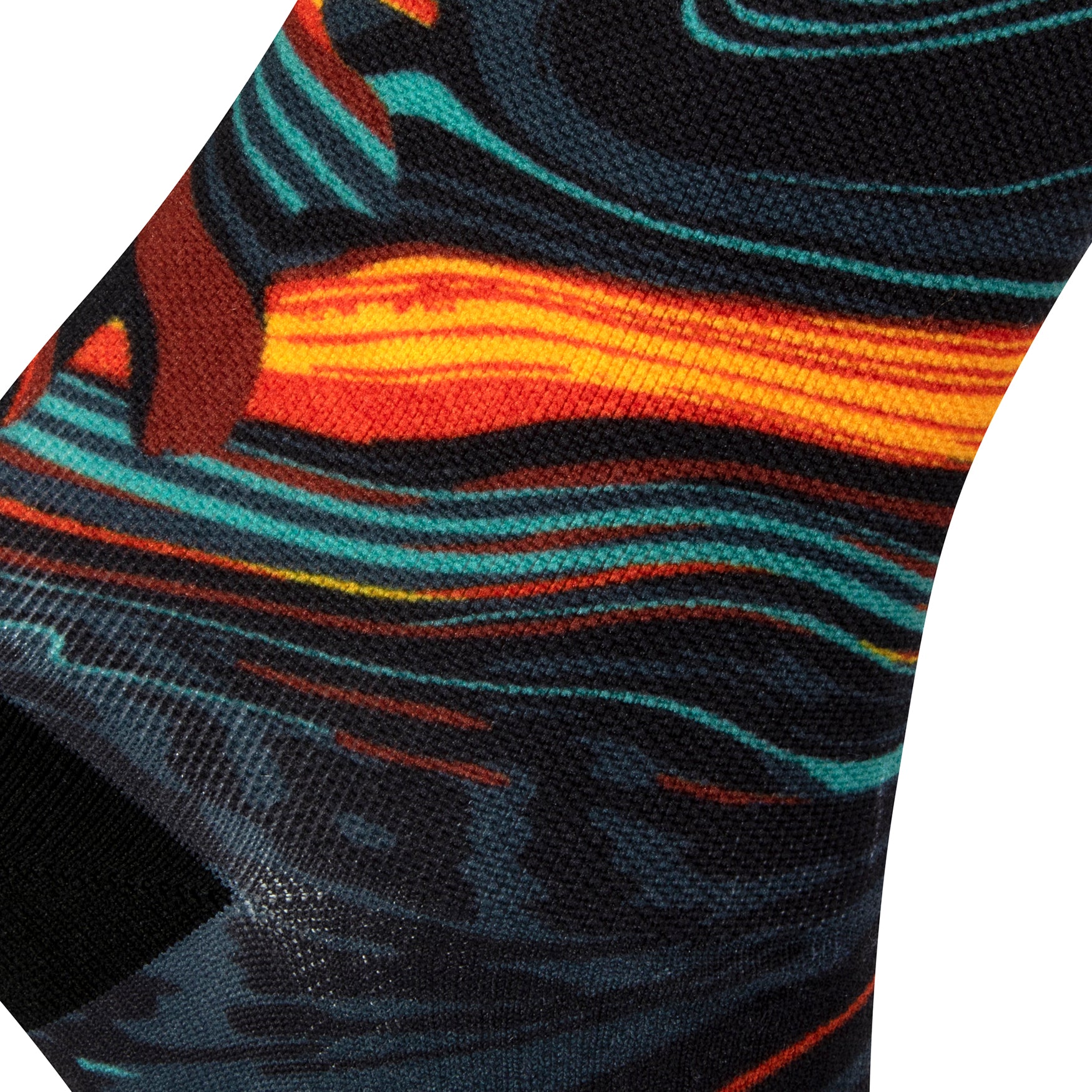 Textured heel view of black seamless toe sock with orange, green and red lava abstract print design and black heel.