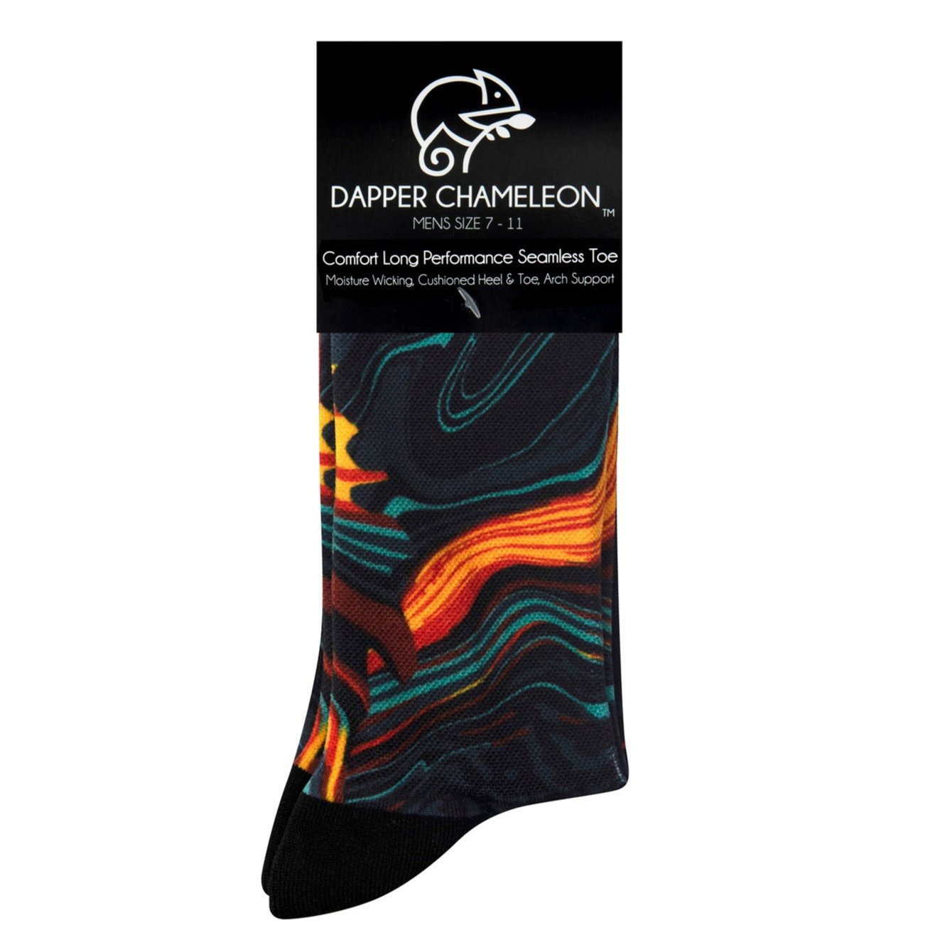 Header card packaging of the black seamless toe sock with orange, green and red lava abstract print design and black heel and toe