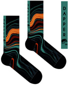 A Computer-Aided Design of the black seamless toe sock with orange, green and red lava abstract print design and black heel and toe.