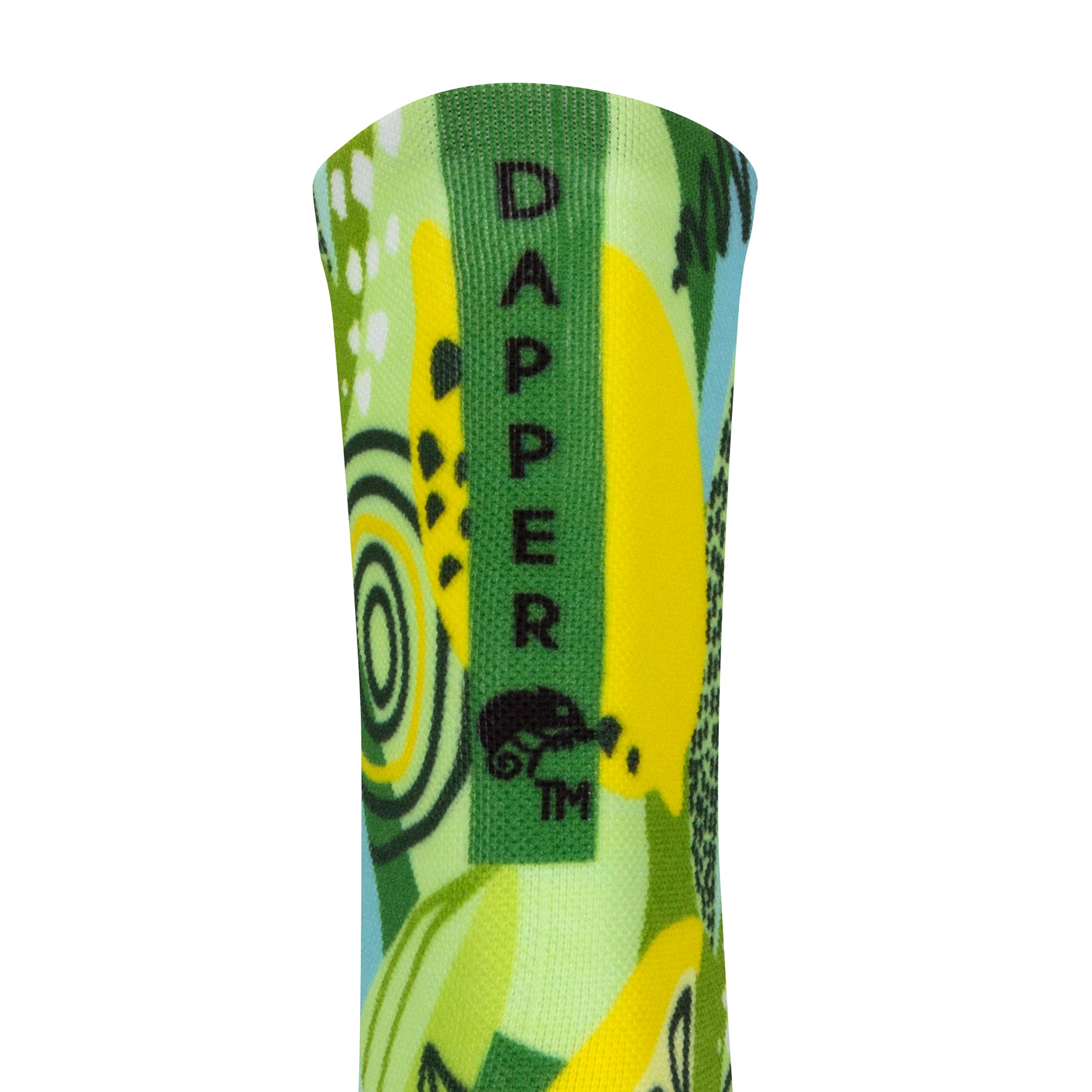 Back view of a seamless toe sock with multi-colour greens and yellow lemon & lime print design with a green strip with Dapper Chameleon wording and logo in black.