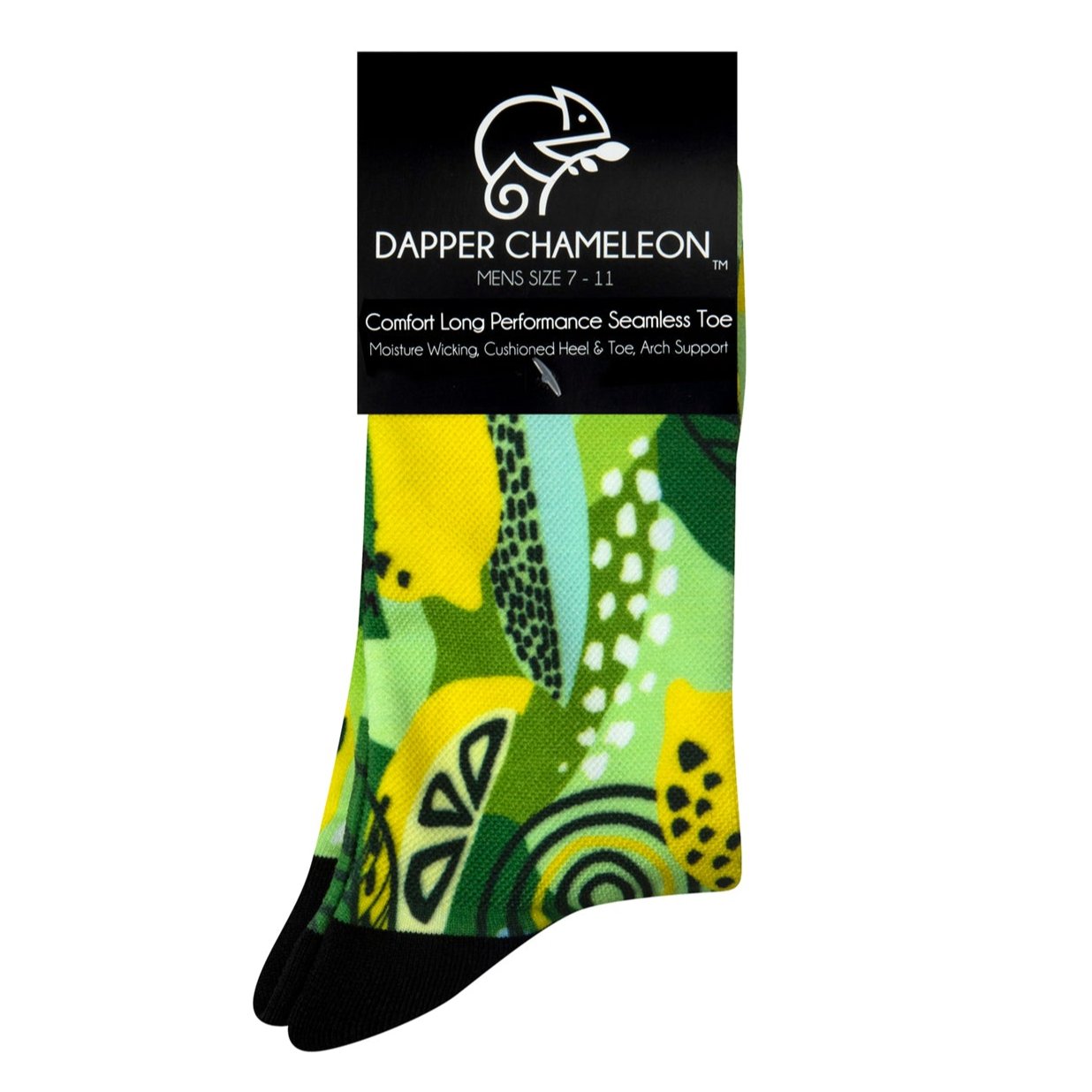 Header card packaging of a seamless toe sock with multi-colour greens and yellow lemon & lime print design and black heel and toe.