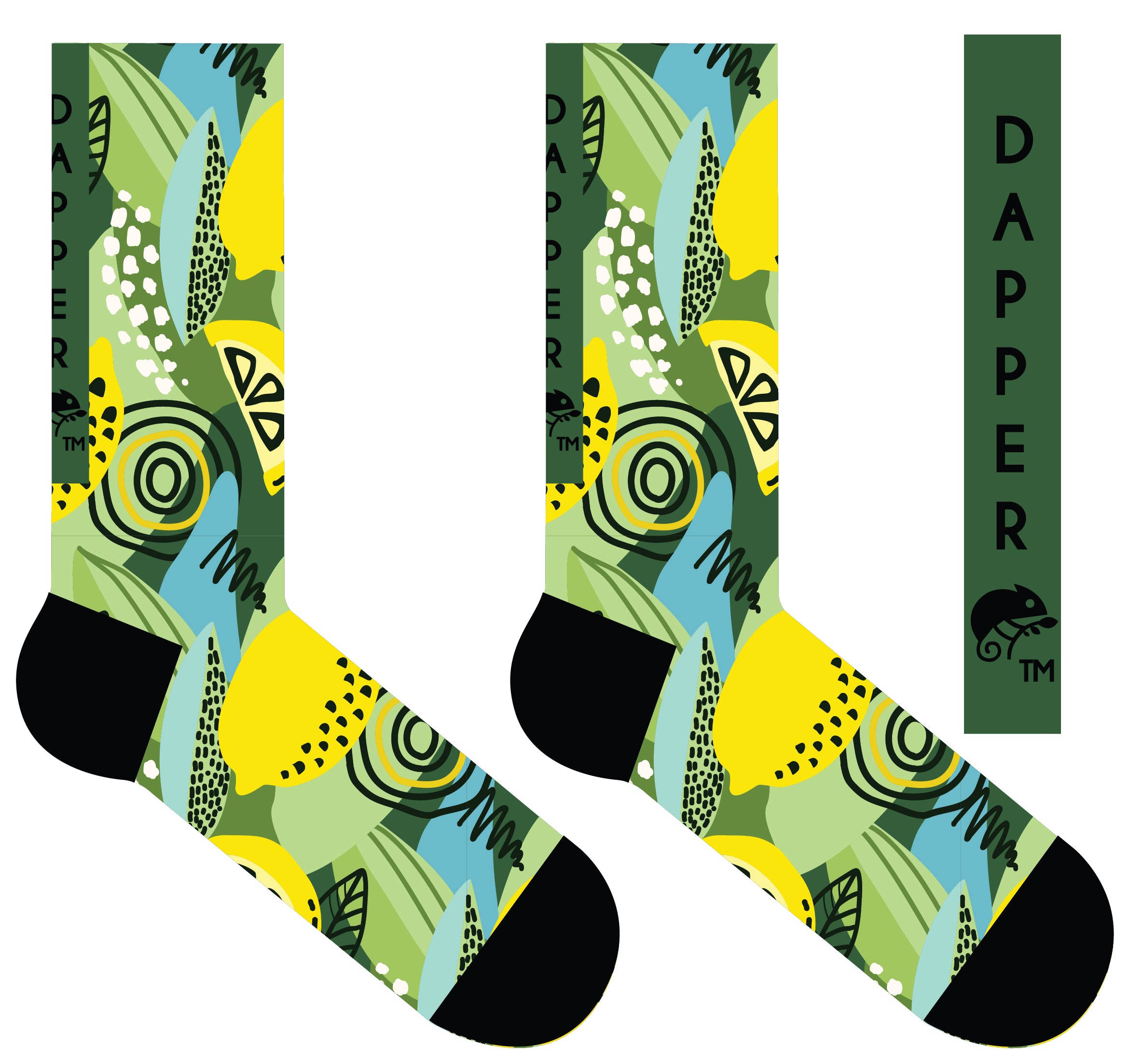 A Computer-Aided Design of a seamless toe sock with multi-colour greens and yellow lemon & lime print design and black heel and toe.