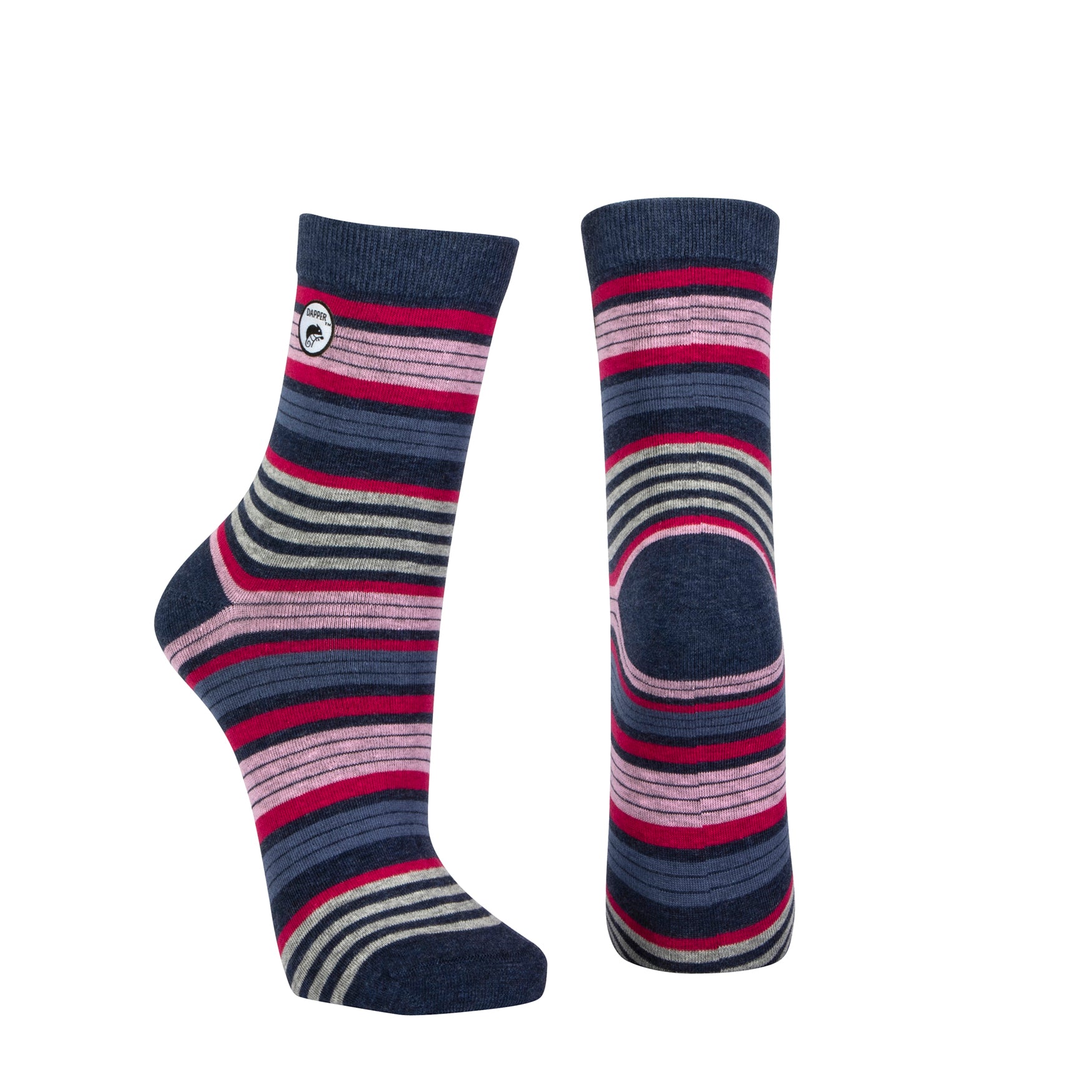 Combed cotton blue melange seamless toe anklet with cerise pink, baby pink, blue and grey stripe with a blue melange heel and toe.