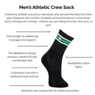 Men's black and neon green stripe athletic crew sock with technical features listed on a white background.