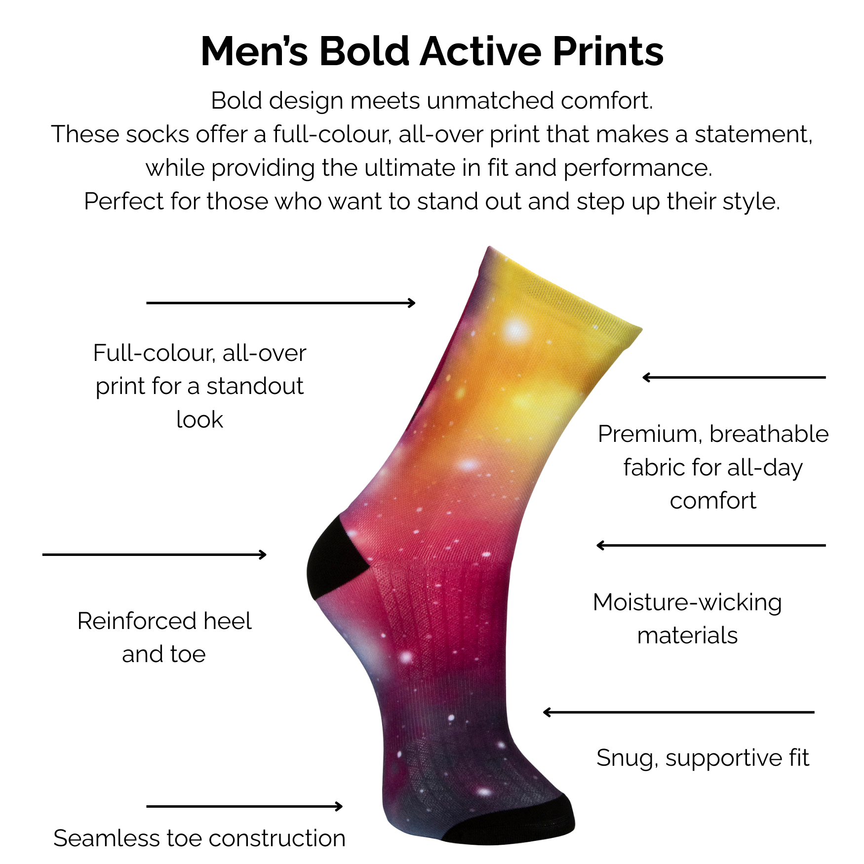 Men's galaxy bold active prints sock with technical features listed on a white background.