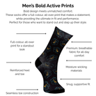 Men's bold active hibiscus print sock with technical features highlighted on a white background.