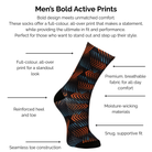 Men's bold active orange and light blue geometric print sock with technical features listed on a white background.