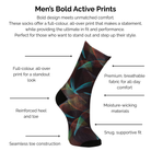 Men's psychedelic bold active print sock with technical features listed on a white background.